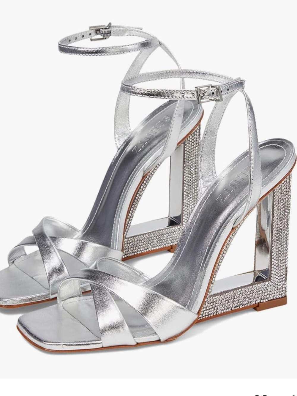 SCHUTZ Metallic Silver Strappy Square-Toe Heels